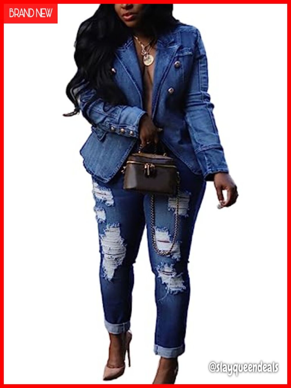 Womens Denim Blazer Jean Jacket Lapel Button Down Long Sleeve Work Business